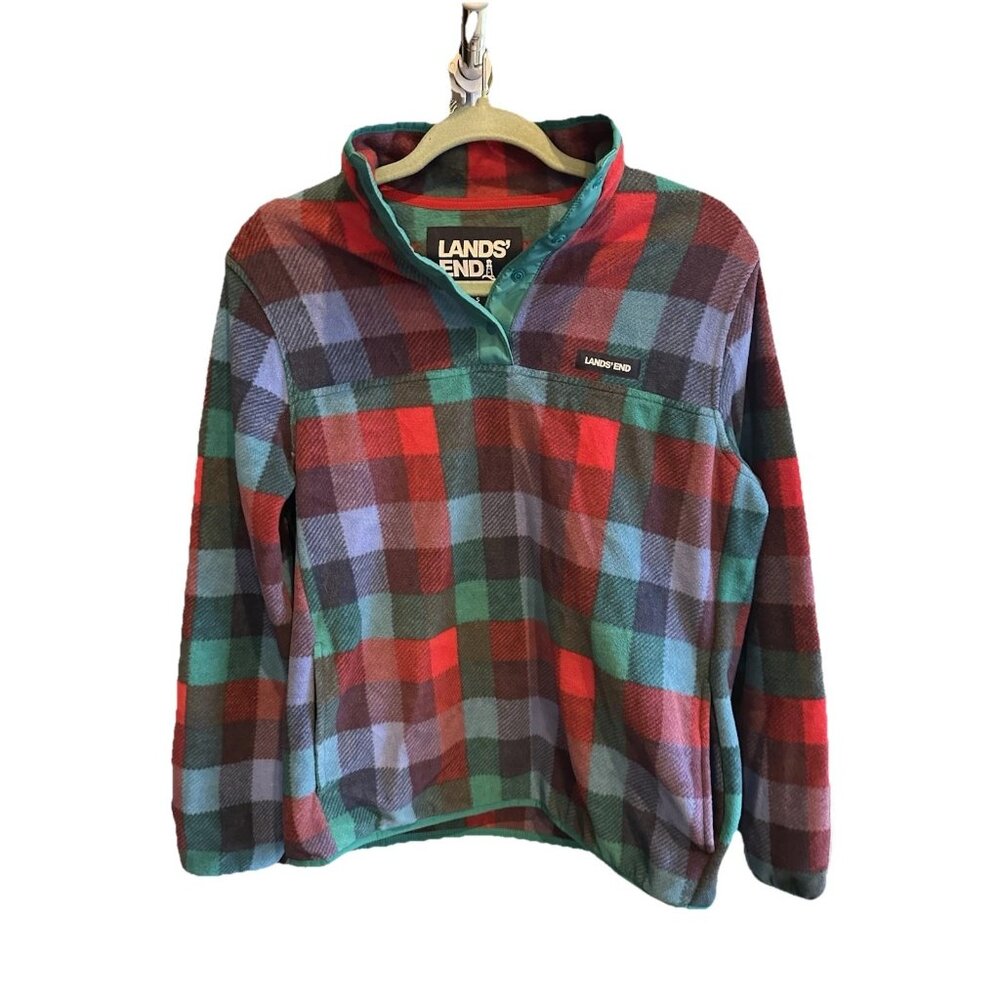 Lands End Women's Fleece Plaid Red, Green, Blue Pullover Size S 90s